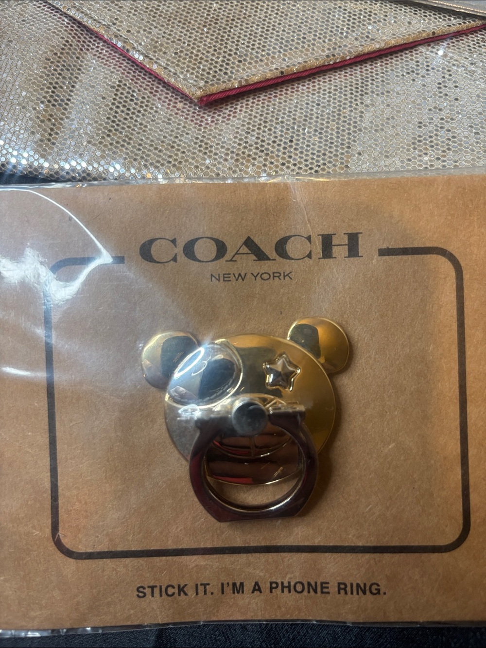 COACH Gold Bear Cell Phone Holder Ring with Star Detail